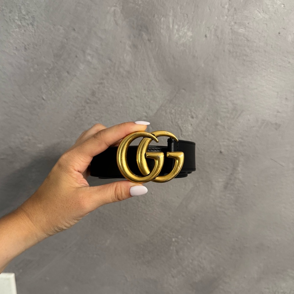 Gucci GG Marmont Black Leather Belt – Gold Buckle